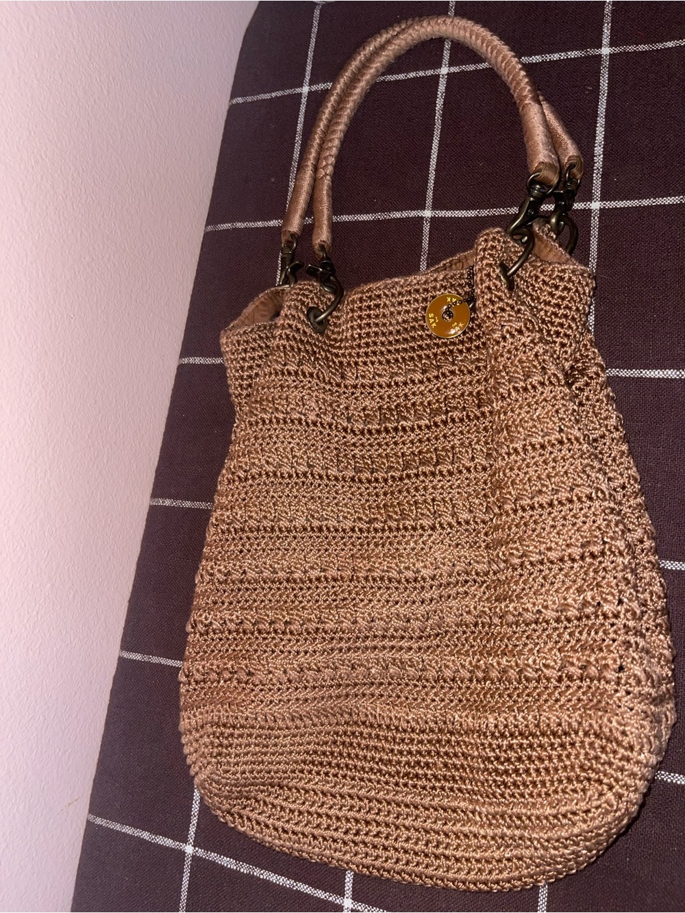The Sak Brown Crochet Woven Shoulder Bag Purse Charm Boho Medium Pockets